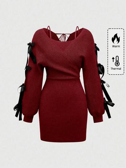 Kawaii Gentle Modest Himekaji Romantic 2 In 1 Ribbon Bow Decor Skinny Knitted Sweater Dress For Women