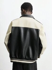 Maija Men's Spring 2025 New Arrival Black & White Contrast PU Zipper Jacket, Casual, Versatile For Daily Wear, Party, Vacation, Commuting