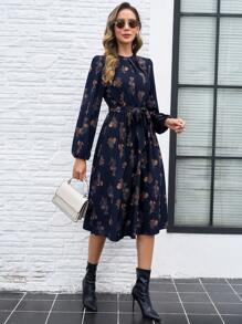 SHEIN Clasi Vestido casual de mujer de manga larga y cuello redondo con estampado total, versátil para otoño/invierno