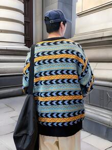Manfinity Hypemode Heren Geometrisch patroon Knoop Halve Placket Drop Schouder Lange Mouw Casual Trui, Herfst/Winter