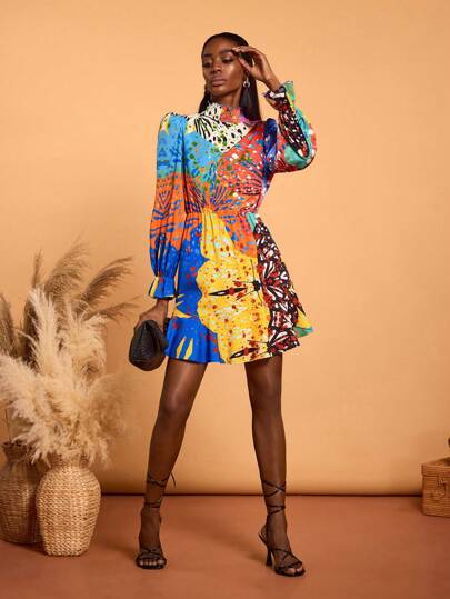 SHAQUITA GARCIA Designer Boho Bohemian Women's Multi Color Summer Vacation Floral Flower Print Ruffle Hem Stand Collar Long Sleeve Elegant Mini Dress, Concert Outfit Spring, Beach, Wedding, Festival, Ibiza Fits, Prom Dress