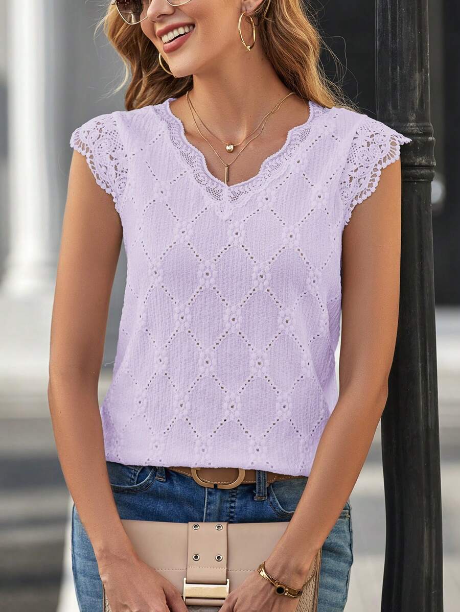 SHEIN Clasi Blusa sencilla de uso diario para mujer, de unicolor con adorno de encaje