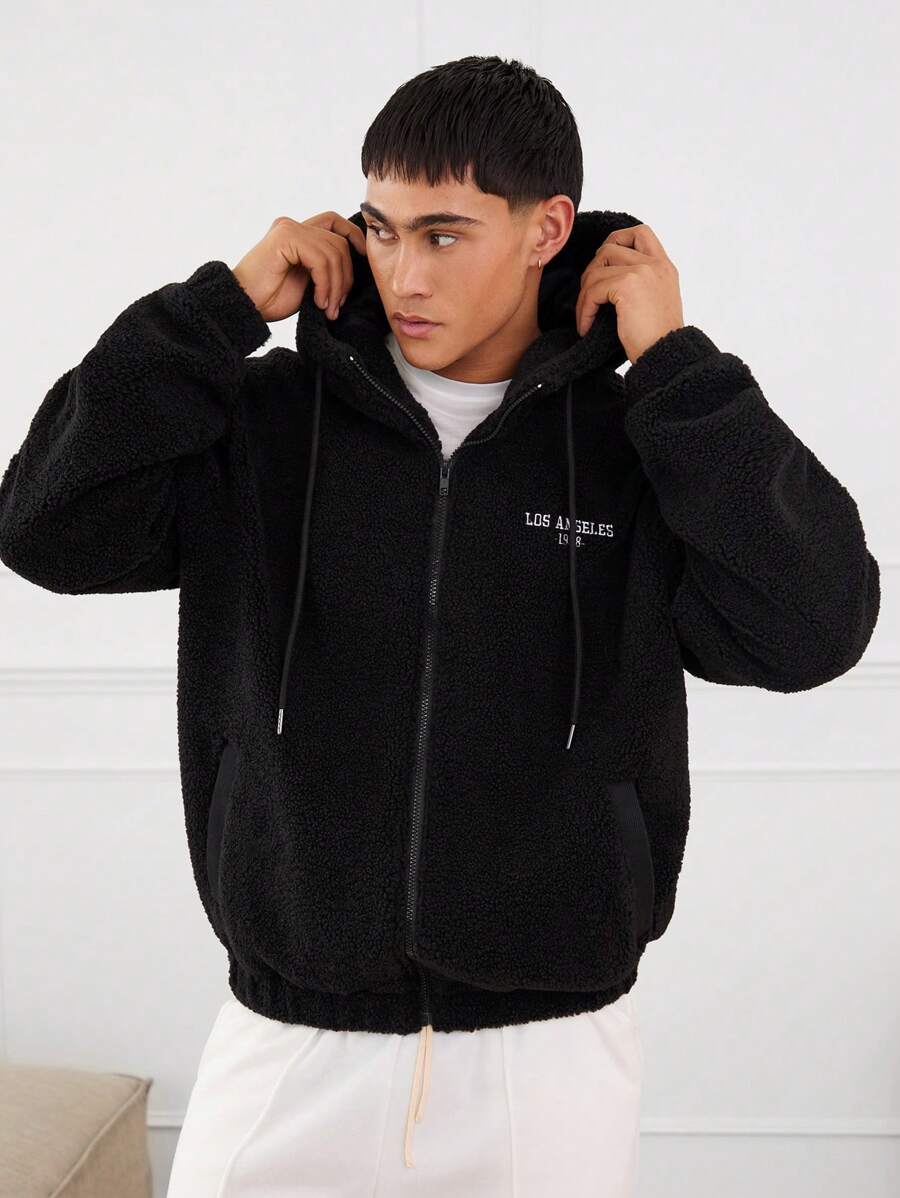 Manfinity VCAY Unisex Thickened Granular Wool Loose Raglan Hooded Zip-Up Jacket Coat, Suitable For Autumn/Winter, Grunge - Black - View 1