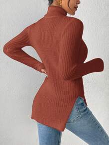 SHEIN Frenchy Solid Color High Neck Side Slit Fitted Sweater, Casual Autumn/Winter Christmas New Year Red Burgundy - Burgundy - View 2