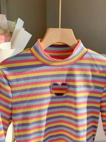 Comfortcana T-Shirt femme décontracté à col en cœur ajouré avec rayures bicolores