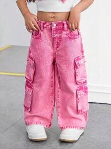 SHEIN Jong meisje Y2K grijs denim cargo pocket losse wijde broek, meisje herfst en winter denim jeans kleding