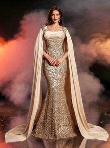 Glamrae Elegant & Luxury Champagne Sequin Patchwork Satin Wrap Collar Pleated Draped Batwing Mermaid Hem Floor-Length Formal Gown, Suitable For Various Occasions, Wedding Guest Dress
