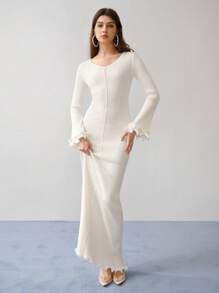 MOTF STUDIO RIBBED KNIT FLARE SLEEVE LETTUCE TRIM DRESS, OPEN WORK MAXI DRESS, LONG SLEEVES, LIGHT WEIGHT - White - View 4