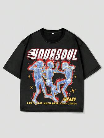 Street Life Herren Loose Raglan Crop Top T-Shirt mit Grafik, Vintage Straßenmode