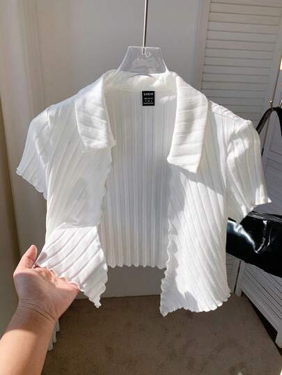 Comfortcana Top sexy corto con cuello de solapa blanco, recorte de lechuga y nudo frontal para salir en verano