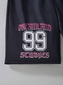2pcs/Set Teenage Boys' Fashion Print Casual T-Shirt And Distressed Shorts Set