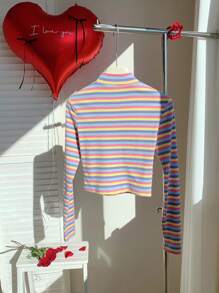 Comfortcana T-Shirt femme décontracté à col en cœur ajouré avec rayures bicolores