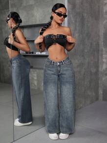 SHEIN PETITE Women's Pocketed Wide Leg Loose Casual Versatile Jeans - Dark Wash - View 4