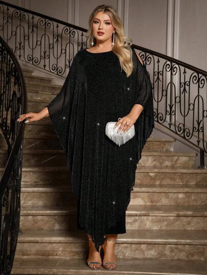 Gownix Plus Size Elegant Chiffon Black Dress Long Cape Overlay Wedding Guest Formal Cocktail Mother Of Bride Outfit