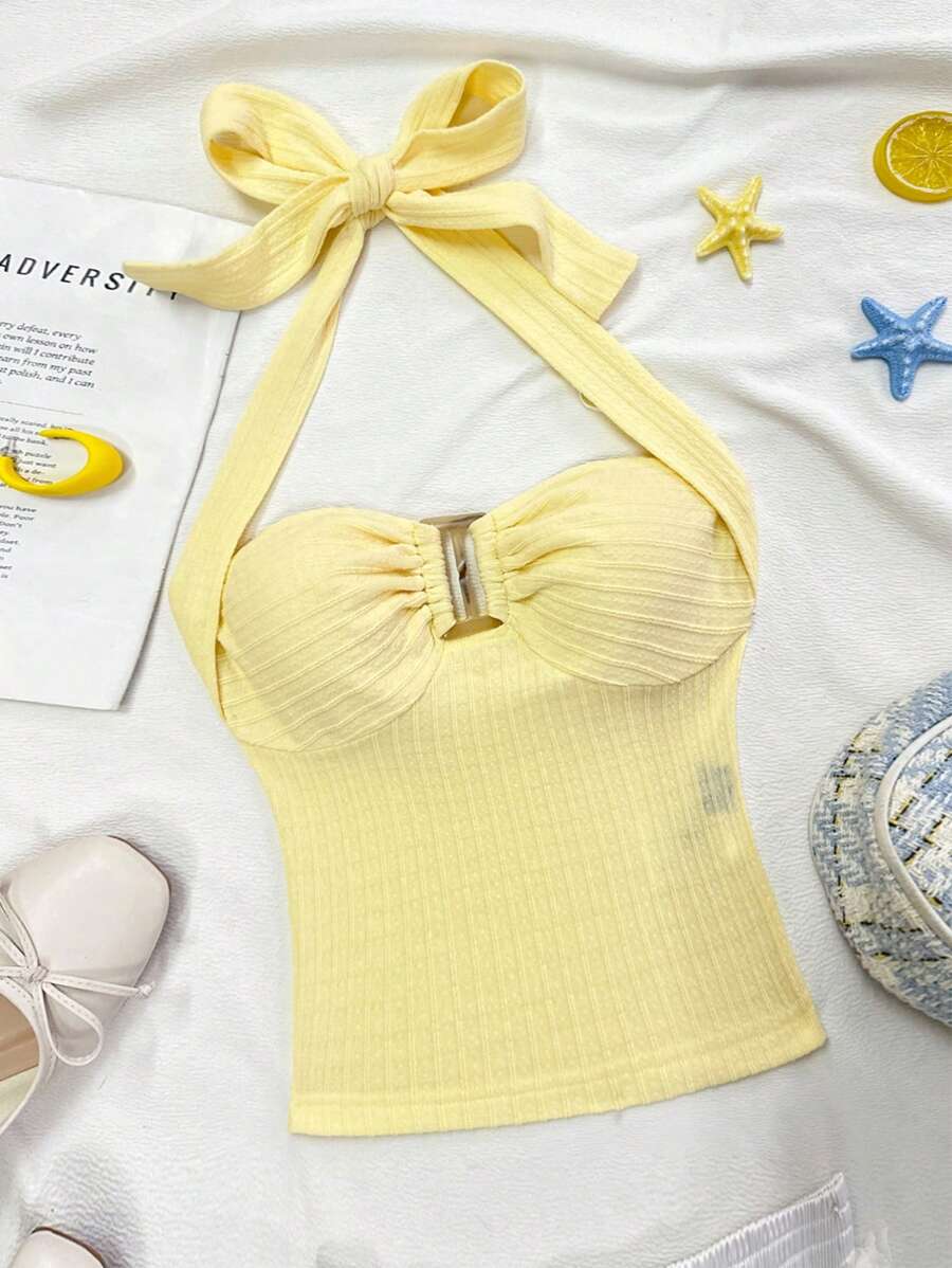 Soleia Women's Spring & Summer Vacation Canary Yellow Knit Texture Halter Tie Knot Front Middot Button Slim Fit Top. Suitable For Afternoon Tea, Street, Vacation, Layering, Party, Date, Valentine's Day, Easter, Carnival, Beach, Cruise Resort, City Road Trip Vacation - Yellow - View 1