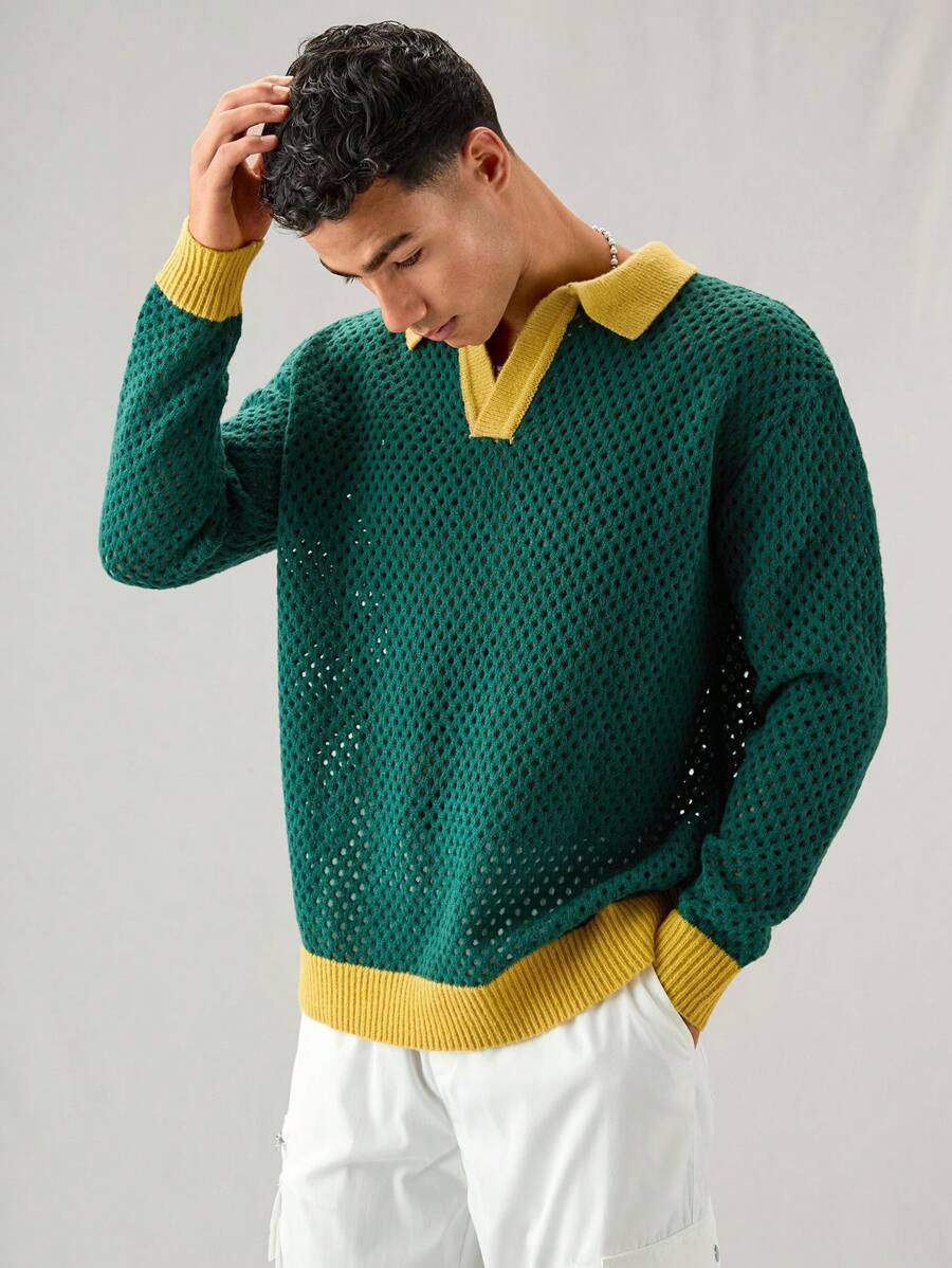 Manfinity VCAY Men's Fashion Casual Loose Knit Short Sleeve Sweater, For Fall Winter - Green - View 1