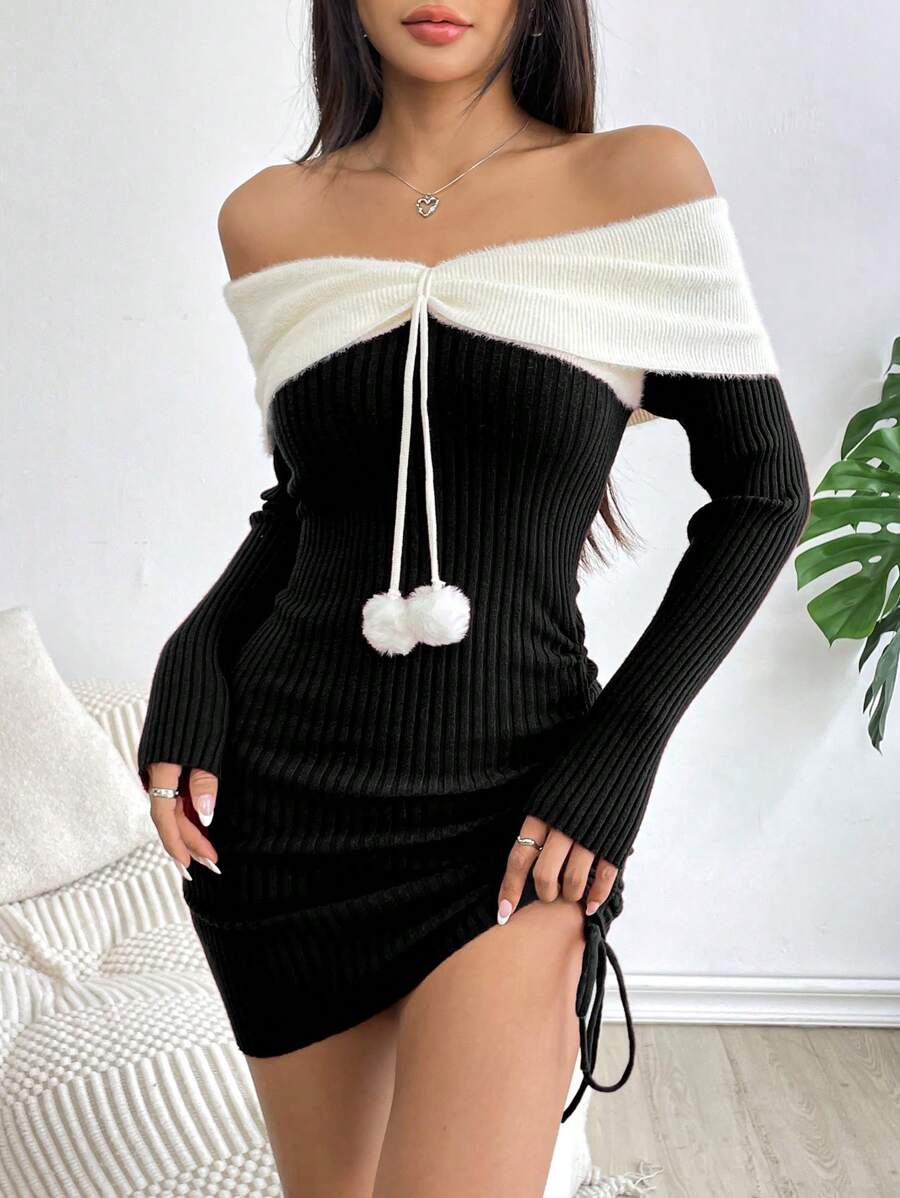 Flirla 女士露肩圣诞松紧腰短款性感修身毛衣连衣裙新年衣服 - 黑色 - 查看 1