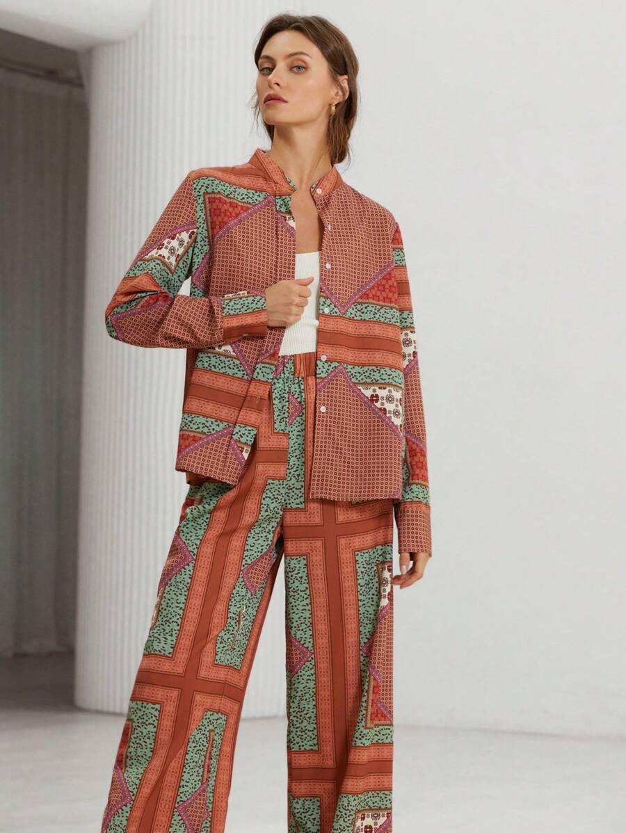 Aveloria Modichic 2pcs Women's Retro Printed Button-Up Shirt & Pants Suit, Casual Holiday Valentine's Day Spring Outfit Fall Cloth For Women - Multicolor - View 1