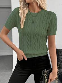 EMERY ROSE Fashionable Blogger-Style Twist Rope Decor Round Neck Knit Top, Design, Suitable For Autumn & Winter - Green - View 4