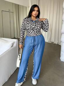 SHEIN Slayr Set de 2 piezas de top de manga larga y pantalones en parchwork con estampado de leopardo azul