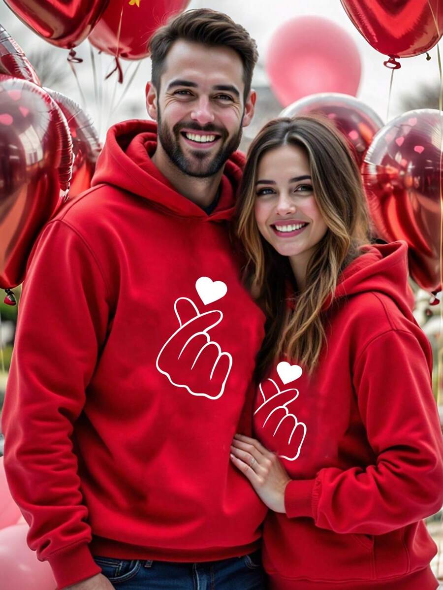 SHEIN LUNE Moletom com Capuz Casual e Minimalista com Estampa de Coração em Vermelho, Modelo Solto e Grosso para o Dia dos Namorados para Mulheres, Dia dos Namorados - Vermelho - Visão 1