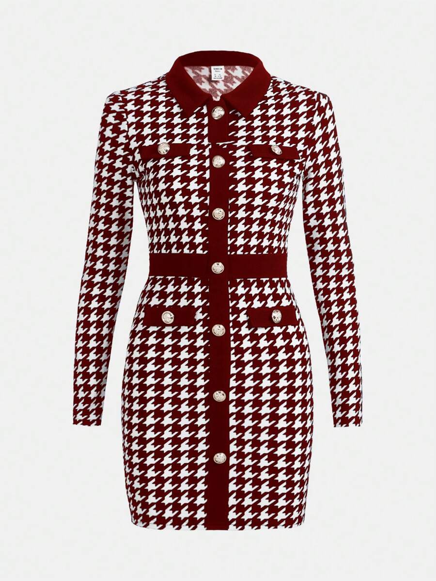 SHEIN Girlism Teen Girl Knit Colorblock Houndstooth Collar Dress - Burgundy - View 1