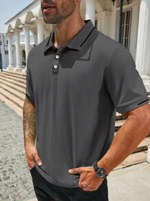 Manfinity Homme Men's Plain Color Splicing Front Button Short Sleeve Casual Polo Shirt - Dark Grey - View 3