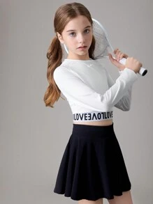 SHEIN 1pc Tween Girls Cropped Long Sleeve T-Shirt, Stretchy Athletic Exercise & Yoga Activewear - White - View 4