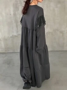 FRIFUL 女士圆领拼接薄纱荷叶边下摆中长款分层蛋糕连衣裙，秋季连衣裙长袖连衣裙 - 灰色 - 查看 5