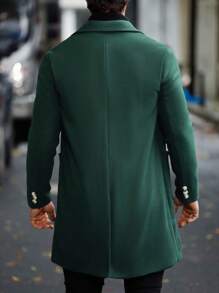 Manfinity Homme 男士休闲纯色双排扣针织大衣，秋冬外出大衣，送给朋友，丈夫，男朋友的礼物，男士长款大衣，男士绿色大衣，男士冬季大衣 - 墨綠色 - 查看 2