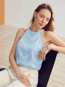 MOTF PREMIUM BUTTON DETAIL TEXTURED HALTER TOP - Baby Blue - View 8