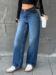 EURMUSE WOMEN STRAIGHT HIGH WAIST JEANS CONTRAST - Medium Wash - View 5