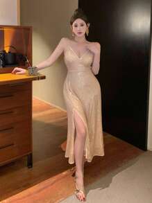 DAZY 女士V领开衩亮片中长吊带裙舞会礼服派对女士吊带裙返校节礼服奢华优雅女士连衣裙新年夜礼服闪亮连衣裙 - 杏色 - 查看 1