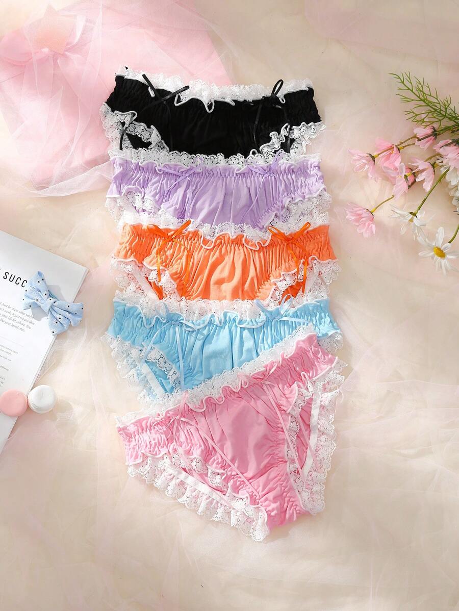 5 件套可爱蝴蝶结、荷叶边、褶皱拼接舒适女童内衣套装