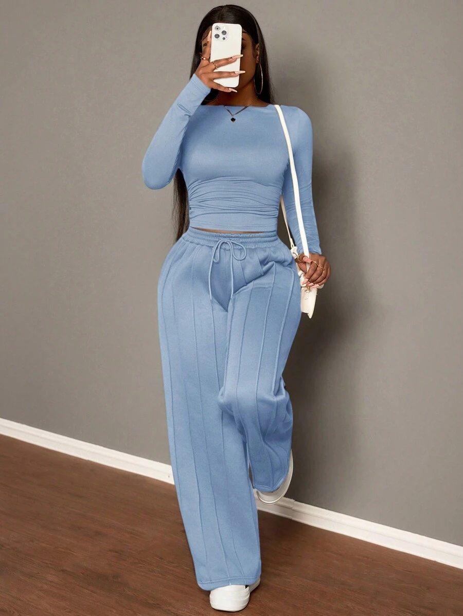 Slaydiva Setelan 2 potong: Celana Olahraga Wanita Kasual Model Lurus dengan Tali Serut Warna Cokelat dan Kaos Lengan Panjang Bergaris Warna Polos, Musim Gugur/Musim Dingin