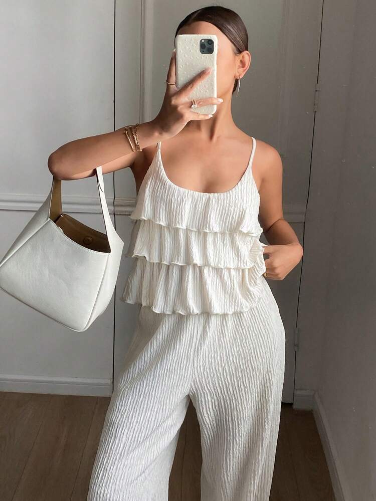 Solid Color Textured Ruffle Hem Camisole & Wide Leg Pants Bohemian Style Summer Holiday Women 2 Pieces Set