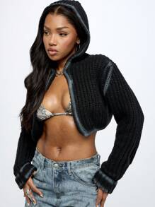 SUMWON WOMEN 粗针织连帽开衫冬季短款毛衣秋季长袖披肩前开襟时尚麻花针休闲家居服