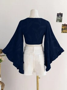 Soleia 女式波西米亚音乐节棕色柳条纹理系带前喇叭灯笼袖衬衫 - 藏蓝色 - 查看 2