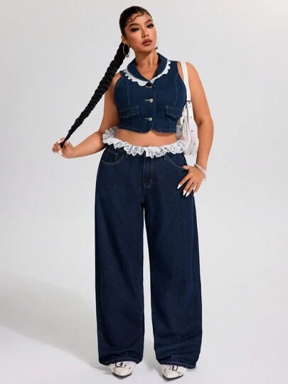 SHEIN ICON 大码女式牛仔拼布蕾丝细节牛仔裤