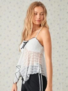 SHEIN EZwear Camiseta interior ajustada de mujer con encaje blanco, lazo, parches en negro y bajo asimétrico en forma de concha - Blanco - Ver 3