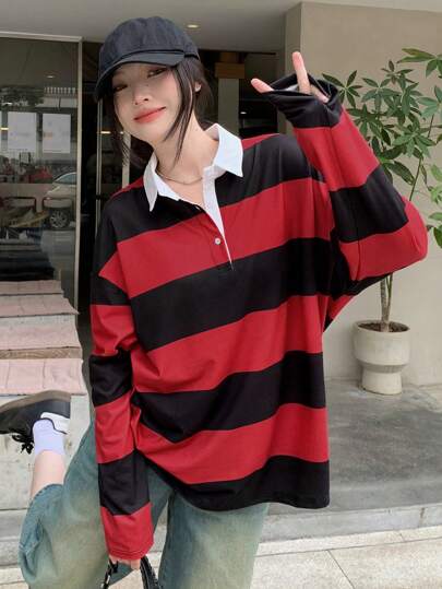 DAZY 女士 Polo 领条纹撞色长袖休闲 T 恤，秋季服装