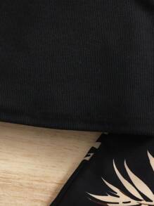 SHEIN 2 件套女婴夏季休闲纯色针织泡泡袖上衣和花卉松紧腰裤套装，适合夏季 - 黑色 - 查看 5