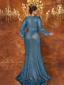 Glamrae Váy dạ hội trang trọng tối giản thanh lịch vải kim loại màu xám-xanh cỡ lớn đính cườm thủ công - Màu xanh lam - Xem 6