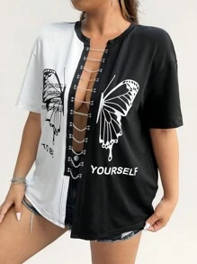 Coolane 大码女式标语、蝴蝶印花、链环、镂空、落肩短袖性感 T 恤，适合夏季 - 黑與白 - 查看 3