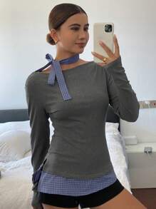 DAZY Camisa de mujer de manga larga con hombros descubiertos, cuello de corbata y diseño de patchwork a cuadros