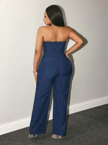 BamGleam Women's Tie Front Split Hem Bandeau Top And Pants Sexy 2 Pieces Set - Blue - View 2
