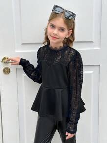 SHEIN Camisa de manga larga con dobladillo con volantes, encaje bordado y tela de malla elegante y de para niña preadolescente, color negro, adecuada para fiestas y al aire libre