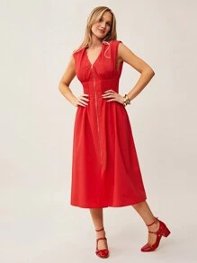 SHEIN Essnce 女士优雅纯色无袖中长连衣裙，腰部收褶