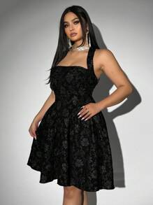 Allurite Plus Size Women Jacquard Halter Dress, Black, Valentine's Day, For Summer