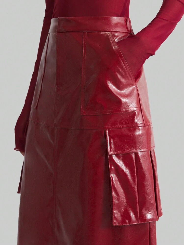 Retro Urban Style, Large Pocket, Red Flare Skirt For Women, High-Waisted, Fashionable Minimalist Design, Suitable For Spring And Valentine's Day